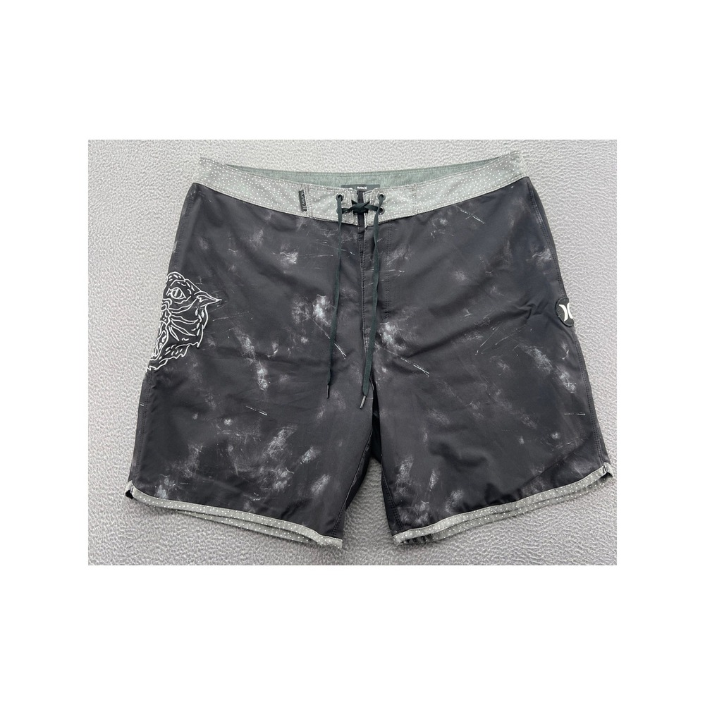Hurley Board Shorts Mens Size 33 Black Acid Wash Tiger Embroidered Swim Trunks